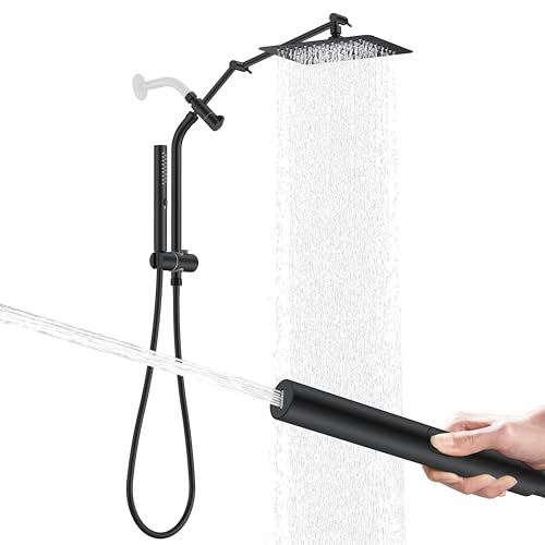 Matte Black 10 Inch All Metal Rain Shower Head with Handheld Spray | High Pressure Rainfall Shower Head wih Adjustable Extension Arm, Dual Showerhead Set with 60" Shower Hose, Square Rainfall - color: Matte Black