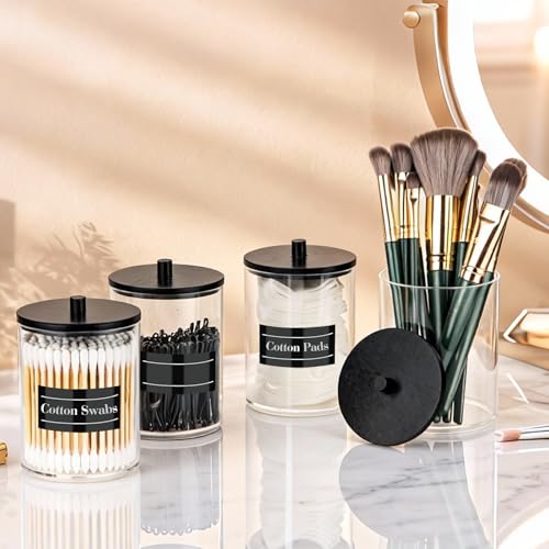 4 Pack 10 oz Acrylic Qtip Holder with Labels Dispenser- Bathroom Small Clear Plastic Canister Apothecary Jar Set Essentials Accessories Decor, Vanity Storage Organizer