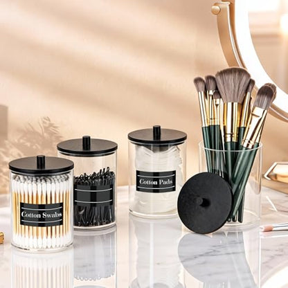 4 Pack 10 oz Acrylic Qtip Holder with Labels Dispenser- Bathroom Small Clear Plastic Canister Apothecary Jar Set Essentials Accessories Decor, Vanity Storage Organizer