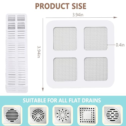 Shower Drain Hair Catcher 30 Pack for Disposable Drain Covers | 4 inch white mesh, bathroom sink strainer, bathtub water filter, waterproof adhesive backing, kitchen laundry plug hole