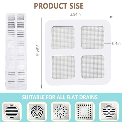 Shower Drain Hair Catcher 30 Pack for Disposable Drain Covers | 4 inch white mesh, bathroom sink strainer, bathtub water filter, waterproof adhesive backing, kitchen laundry plug hole