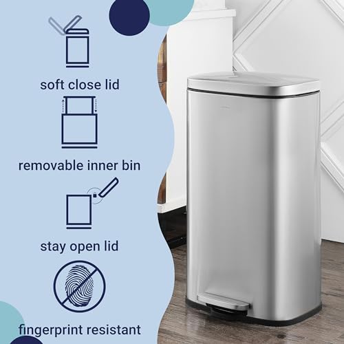 happimess Curtis 8 Gal Step Trash Can Soft Close 25", Platinum Silver | Stainless Steel, Fingerprint Resistant Satin Finish, Removable Liner, Steel Pedal, 20 Trash Bags Included, Kitchen Bin - color: Chrome