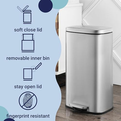happimess Curtis 8 Gal Step Trash Can Soft Close 25", Platinum Silver | Stainless Steel, Fingerprint Resistant Satin Finish, Removable Liner, Steel Pedal, 20 Trash Bags Included, Kitchen Bin - color: Chrome