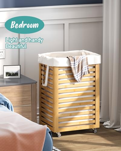 Laundry Hamper, 22.7 Gallon (86L) Bamboo Wood Clothes Laundry Basket with Wheels and Handles, Removable Liner - color: Natural