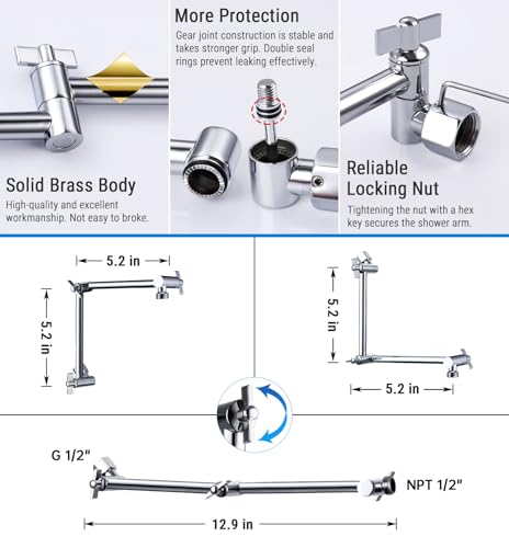 G-Promise 12 Inch Shower Extender with 6 Inch Shower Arm and Flange(Chrome) | Solid Brass Construction, Height and Angle Adjustable, Standard Connection Thread, All Installation Tools Included - color: Chrome, style: 12 Inch