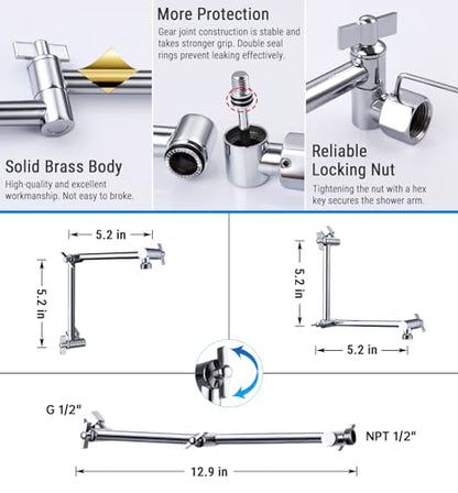 G-Promise 12 Inch Shower Extender with 6 Inch Shower Arm and Flange(Chrome) | Solid Brass Construction, Height and Angle Adjustable, Standard Connection Thread, All Installation Tools Included - color: Chrome, style: 12 Inch