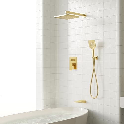 Gabrylly Shower System with Tub Spout, Wall Mounted Shower Faucet Set for Bathroom with High Pressure 10" Rain Shower head and 3-Setting Handheld Shower Head Set,Brushed Gold - color: brushed gold 01
