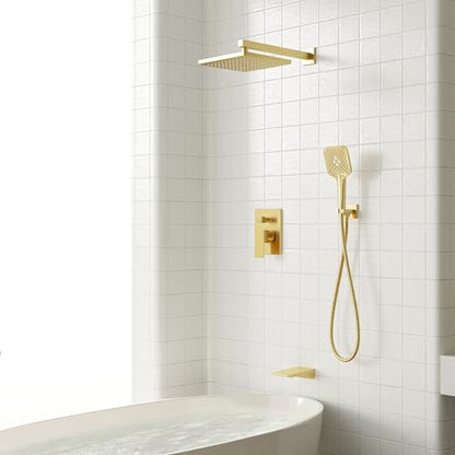 Gabrylly Shower System with Tub Spout, Wall Mounted Shower Faucet Set for Bathroom with High Pressure 10" Rain Shower head and 3-Setting Handheld Shower Head Set,Brushed Gold - color: brushed gold 01