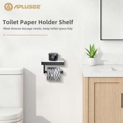 Sintered Stone Toilet Paper Holder with Shelf Matte Black, APLusee Stainless Steel Paper Holder with Phone Shelf Wall Mounted - size: Single Rod