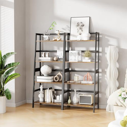 HITNET Ladder Shelf, 4 Tier Bookshelf with Bamboo Frame, Freestanding Bathroom Storage Shelving Unit for Living Room, Home Office, Bedroom, Rustic Brown and Black - color: Rustic Brown and Black