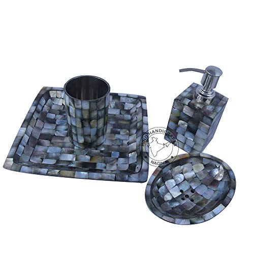 4-Piece Houseware Mother of Pearl & Steel Countertop Hand Liquid Soap/Lotion Dispenser - Toothbrush Holder - Soap Dish Sanitary – Tray | Home Decor Gift (Black and White) - color: Black and White