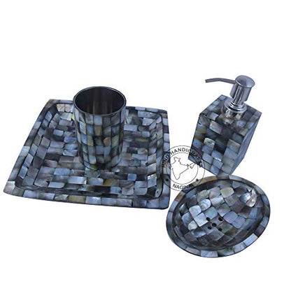 4-Piece Houseware Mother of Pearl & Steel Countertop Hand Liquid Soap/Lotion Dispenser - Toothbrush Holder - Soap Dish Sanitary – Tray | Home Decor Gift (Black and White) - color: Black and White