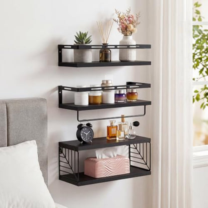 Fixwal Wall Mounted Bathroom Shelves Over Toilet (3+1 Black) | Wall Shelf with Basket Storage , Towel Bar, Solid Wood, 22Lb Capacity, Easy DIY Install - color: 5-black