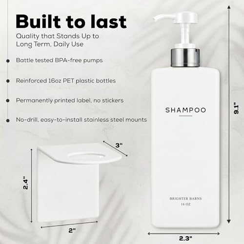 Luxury Shampoo and Conditioner Dispenser Set Wall Mounted by Brighter Barns - Shower Bottles 3 Chamber No Drill - Refillable Shampoo Dispenser for Shower Wall, Vacation Home, Spa, Hotel (White/Silver) - color: White/Silver