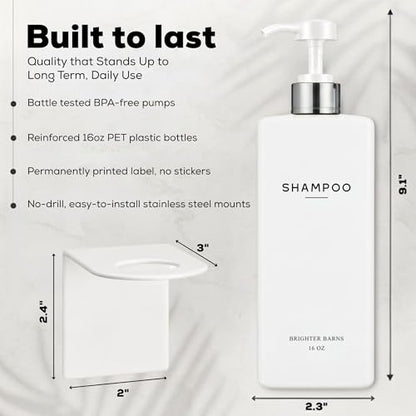 Luxury Shampoo and Conditioner Dispenser Set Wall Mounted by Brighter Barns - Shower Bottles 3 Chamber No Drill - Refillable Shampoo Dispenser for Shower Wall, Vacation Home, Spa, Hotel (White/Silver) - color: White/Silver