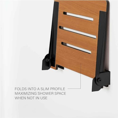 Seachrome 18 inch Silhouette Slimline Folding Wall Mount Shower Bench Seat, Teak Seat with Matte Black Frame - color: Teak Seat With Matte Black Frame