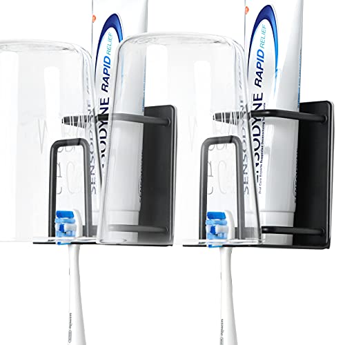 Toothbrush Holder Wall Mounted, Stainless Steel Bathroom Organizer for Electric Toothbrushes, Toothpaste & Cup, No Drill Adhesive Shower Caddy (Black,2 Pack) - color: Black (2 Pack)