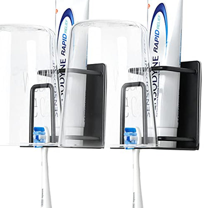 Toothbrush Holder Wall Mounted, Stainless Steel Bathroom Organizer for Electric Toothbrushes, Toothpaste & Cup, No Drill Adhesive Shower Caddy (Black,2 Pack) - color: Black (2 Pack)