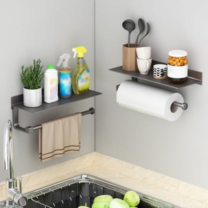 Kitchen Paper Towel Holder with Shelf Wall Mount, Adhesive Hand Towel Holder for Bathroom, Matte Grey - color: Gray