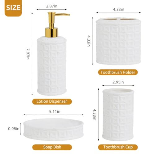 Bathroom Accessories Set 4 Pcs - Ceramic Soap Dispenser, Toothbrush Holder, Tumbler & Soap Dish with Coin Pattern Design, White Bathroom Decor Set for Counter Organization