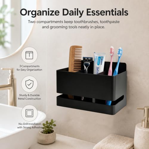 Black Aluminum Wall Mount Toothbrush Holder, 3 Slot No Drill Bathroom Organizer with Drain Holes, Holds Toothpaste Shaver Comb Multipurpose Household Storage Rack for Bathroom Kitchen Use