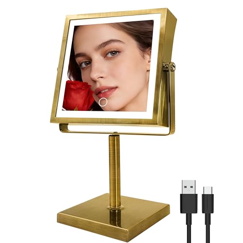 Ruacq Makeup Mirror with Lights, 4000mAh Rechargeable Magnifying Mirror with Light, 1X/10X, Height Adjustable Bathroom Vanity Mirror, 3 Colors, Adjustable Brightness (Antique Brass) - color: Antique Brass