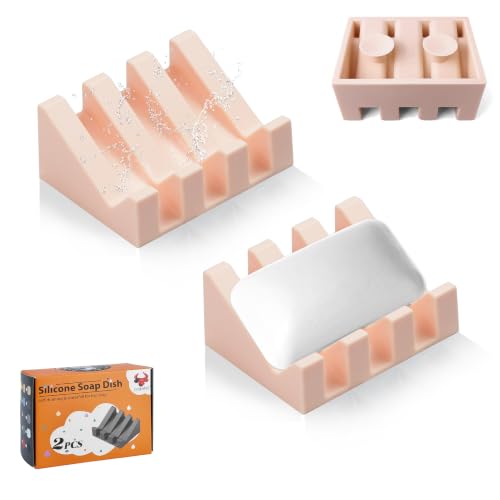Soap Dish Holder for Shower with Suction Cup, Silicone Soap Holder & Saver Self-Draining Bar Soap Dish Keeps Soap Dry for Bathroom, Kitchen, Bathtub, Extends Soap Life (Pink-2Pack) - color: Pink - 2 Pack