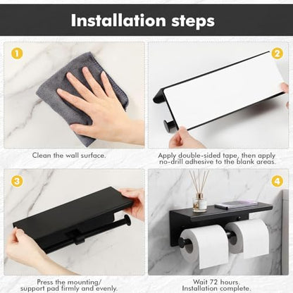 Double Toilet Paper Holder with Shelf, Wall Mount Tissue Roll Holder for Bathroom, 304 Stainless Steel Commercial Toilet Tissue Dispensers with Phone Shelf(Black) - color: Black