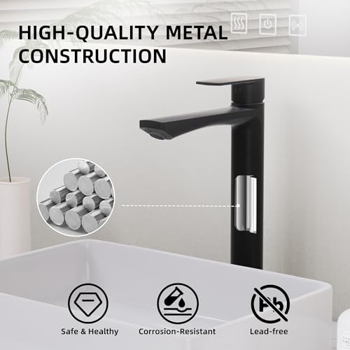 BELZ Black Bathroom Faucet, Tall Single Hole Vessel Sink Faucet 11.7'' | Lead-free, Anti-peeling PVD Black Finish, Modern Single Handle Design with Pop-Up Drain & Hoses for Bathroom RV Sink Vanity - color: Matte Black