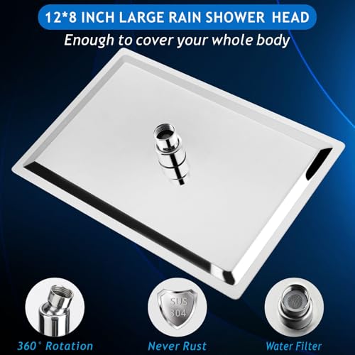 Voolan Rain Shower Head - High Flow Large Rainfall Shower Heads Made of Stainless Steel - Waterfall Bathroom Square Showerhead - Ceiling or Wall Mount (12 * 8 Inch Rectangle, Chrome) - color: Chrome, size: 12*8 Inch Rectangle