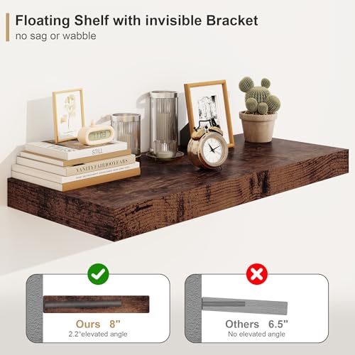 Heimlove 12" Deep Rustic Brown Floating Shelves,Over Toilet Long Wall Mounted Modern Farmhouse 36 inches,Wall Shelves with Invisible Brackets for Bedroom, Bathroom, Living Room, Kitchen, Set of 1 - color: Rustic Brown, size: 35.4"W x 11.6"D x 2"H, 1 Pack