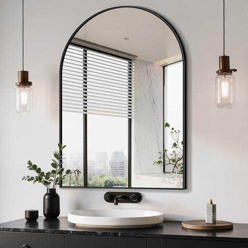 Arched Bathroom Mirror, 26"x38", Black | Wall Mounted, Vanity Mirror, For Bedroom, Living Room and Entryway - color: Black, size: 38"L x 26"W