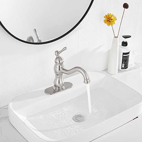 Bathroom Faucet Brushed Nickel GGStudy 360° Swivel Bathroom Vanity Faucet Single Handle One Hole Bathroom Sink Faucet Basin Matching Pop Up Drain with Overflow - color: Brushed Nickel, size: Short
