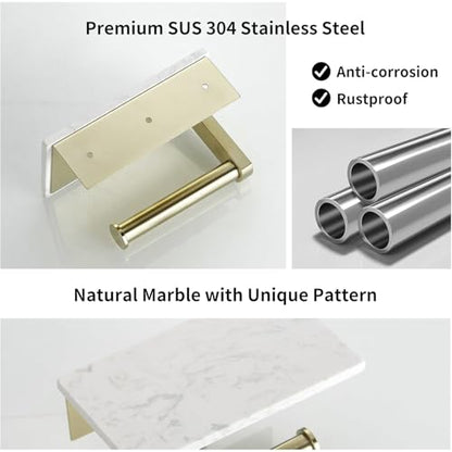 BWE Brushed Gold Toilet Paper Holder with Marble Shelf Wall Mounted | Toilet Paper Roll Holder with Phone Shelf 304 Stainless Steel Tissue Holder for Bathroom Washroom,Saving Space - color: Brushed Gold