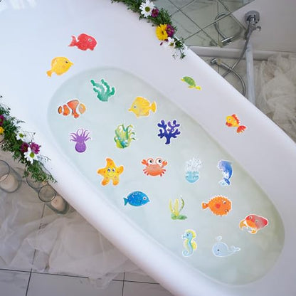 Bathtub Non-Slip Stickers for Shower - 20 PCS Large Anti-Slip Cute Sea Creature Stickers with Scraper for Kids Bath Tub and Slippery Shower Floor, Perfect Bathroom Decor