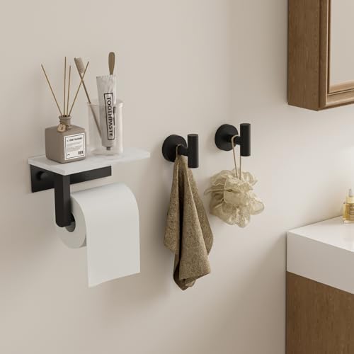 BWE Matte Black Toilet Paper Holder with Marble Shelf Wall Mounted | Toilet Paper Roll Holder with Phone Shelf 304 Stainless Steel Tissue Holder for Bathroom Washroom,Saving Space - color: Black