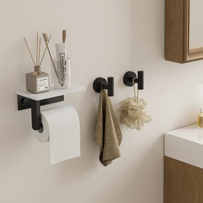 BWE Matte Black Toilet Paper Holder with Marble Shelf Wall Mounted | Toilet Paper Roll Holder with Phone Shelf 304 Stainless Steel Tissue Holder for Bathroom Washroom,Saving Space - color: Black
