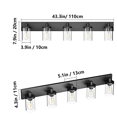 Aipsun Matte Black Bathroom Vanity Light Fixtures 5 Lights Industrial Lighting Fixtures Over Mirror with Clear Glass Shade(Exclude Bulb) - color: Black, size: 5-Light