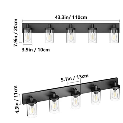 Aipsun Matte Black Bathroom Vanity Light Fixtures 5 Lights Industrial Lighting Fixtures Over Mirror with Clear Glass Shade(Exclude Bulb) - color: Black, size: 5-Light