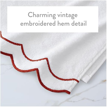 Peri Home 2 Piece Cotton Bath Towel Set, Embroidered, White, Red Scallop - color: White With Chili Red Scallop, size: 2 Bath Towel