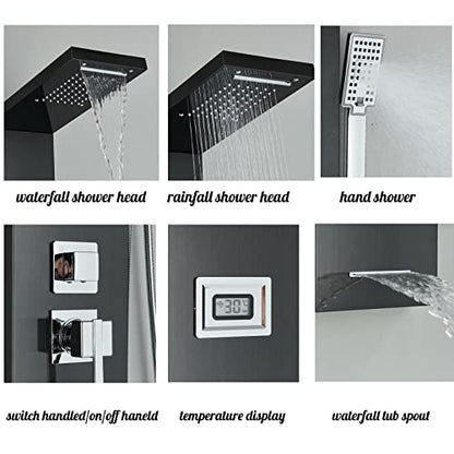 LED Light Shower Panel Tower Rainfall Waterfall Shower Head with Massager Jets Body System Jet Black B (Color : Black D) - color: Black D