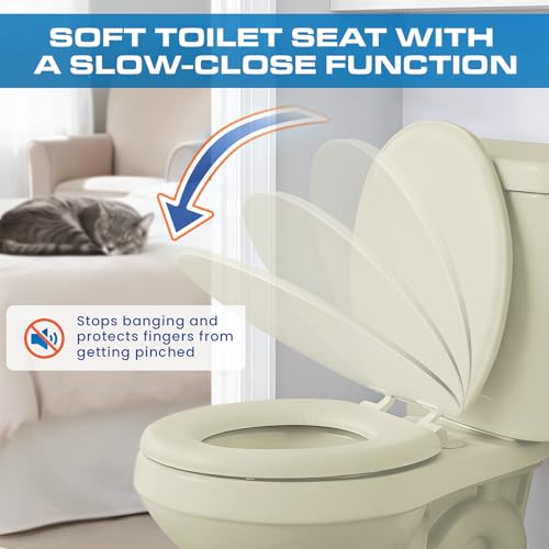 Plexon Soft Cushioned Toilet Seat, Round, Bone, Slow-Close Lid & Seat, Quick-Release Hinge, Easy To Clean & Change - color: Bone, size: Round