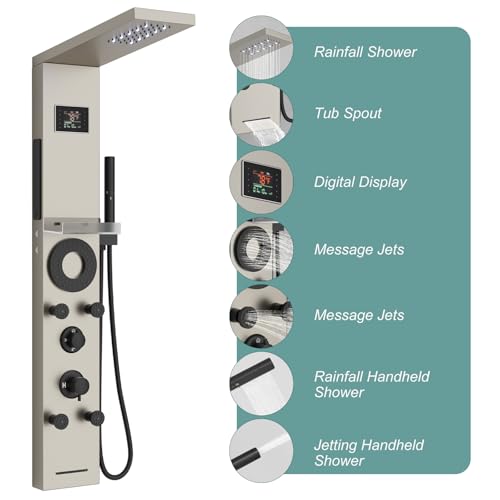 Hoimpro Brushed Nickel LED Shower Panel Tower System,2 In 1Function Shower Panel Light Rainfall Waterfall Shower Rain Massage System with Body Jets Handheld Shower Sprayer, Stainless Steel, Wall Mount - color: Nickel