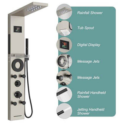 Hoimpro Brushed Nickel LED Shower Panel Tower System,2 In 1Function Shower Panel Light Rainfall Waterfall Shower Rain Massage System with Body Jets Handheld Shower Sprayer, Stainless Steel, Wall Mount - color: Nickel