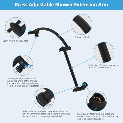 Hibbent All Metal 20'' Shower Head Extension Arm, Matte Black | Solid Brass Adjustable Shower Arm with Lock Joint, Flexible Height & Angle, Universal Connection Shower Head Extender - color: Matte Black, size: 20 Inch