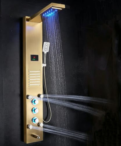 ELLO&ALLO LED Stainless Steel Bathroom Shower Panel Tower System, Rainfall Waterfall Shower Head Rain Massage System with Body Jets, Brushed Gold - color: Gold