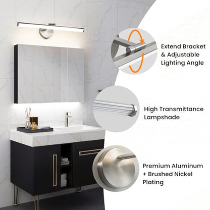 KAISITE Bathroom Light Fixture Over Mirror 22IN Brushed Nickel Vanity Lighting Fixture Dimmable LED Vanity Light Rotatable Modern Bathroom Light Bar 18W 3000K - color: Brushed Nickel, size: 22 Inch