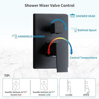 Matte Black Shower Faucet 12 Inch Set with Tub Spout | Shower Head and Handle with 2 Hooks Rain System Square Wall Mount for Bathroom - color: Matte Black, style: 12 Inch