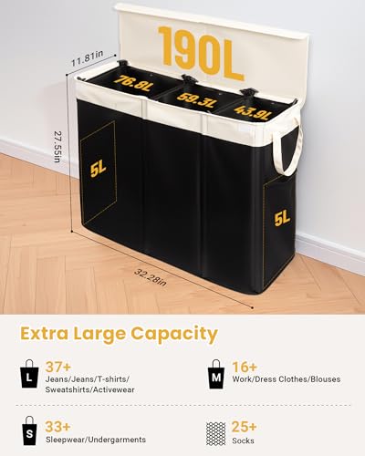 190L Laundry Hamper with Lid, Large Laundry Basket with Lid and 3 Section, Sturdy Laundry Baskets with 3 Removable Bags (L M S), Dirty Clothes Hamper Organizer for Laundry Room, Bedroom and Dorm Room
