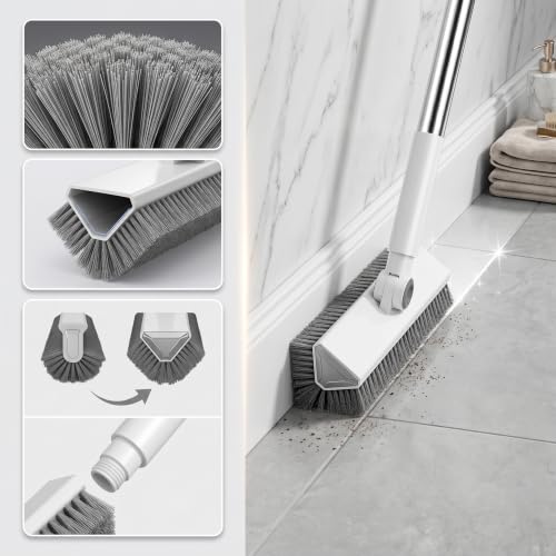 V-Shaped Floor Scrub Brush with Long Handle, Heavy-Duty Stiff Bristle Grout Cleaning Brush, 180° Rotating Tile Scrubber for Bathroom, Shower, Kitchen, Garage, Patio, Deck & Concrete Floors - color: New White Grey